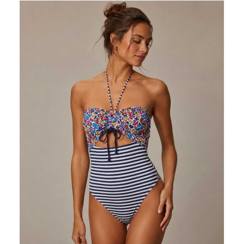 NWT Time and Tru Swimsuit One Piece Stripe Floral Print M 8-10 Beach‎ Vacation